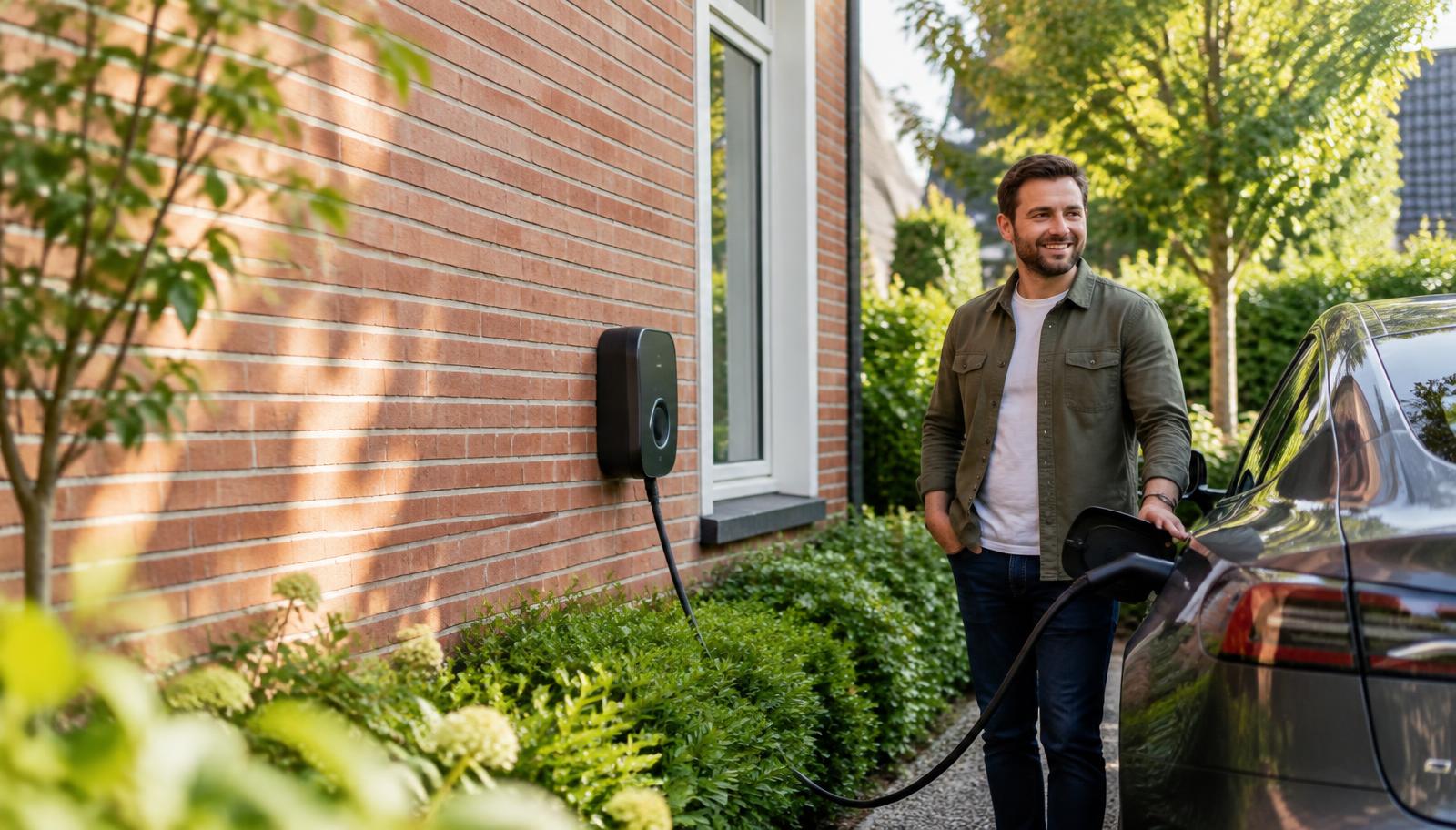 Elektrische auto aan een laadpaal bij een woning